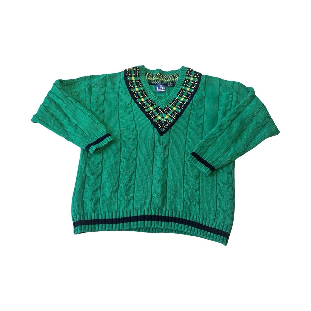 EP Pro Mens Green Cable Knit V-Neck Golf Sweater‎ Plaid Trim Vintage Size M
